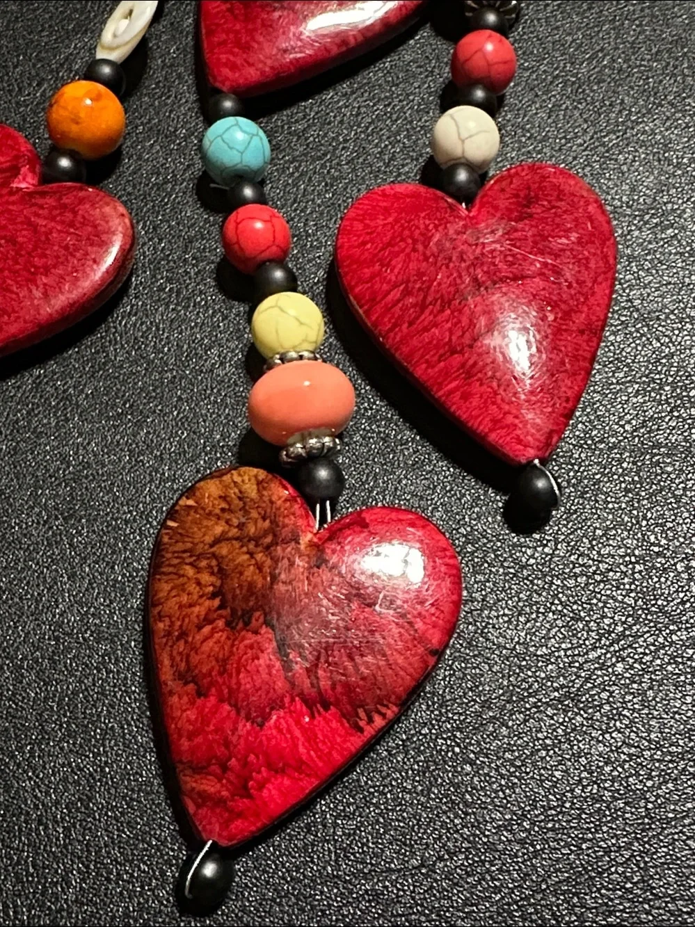 224.  Hearts Mixed Material Beaded Gold Tone Key Chain / Bag Charm